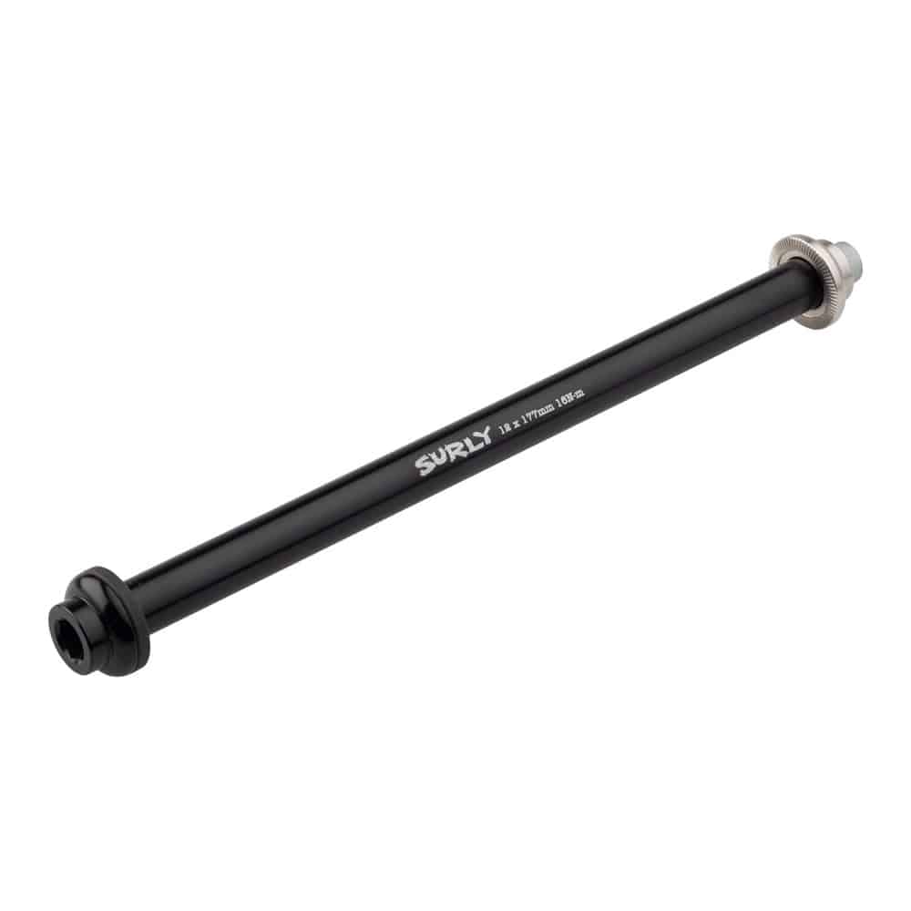 Surly V2 Thru-Axles for bike wheel security and precise alignment, shown in a close-up image of the component.