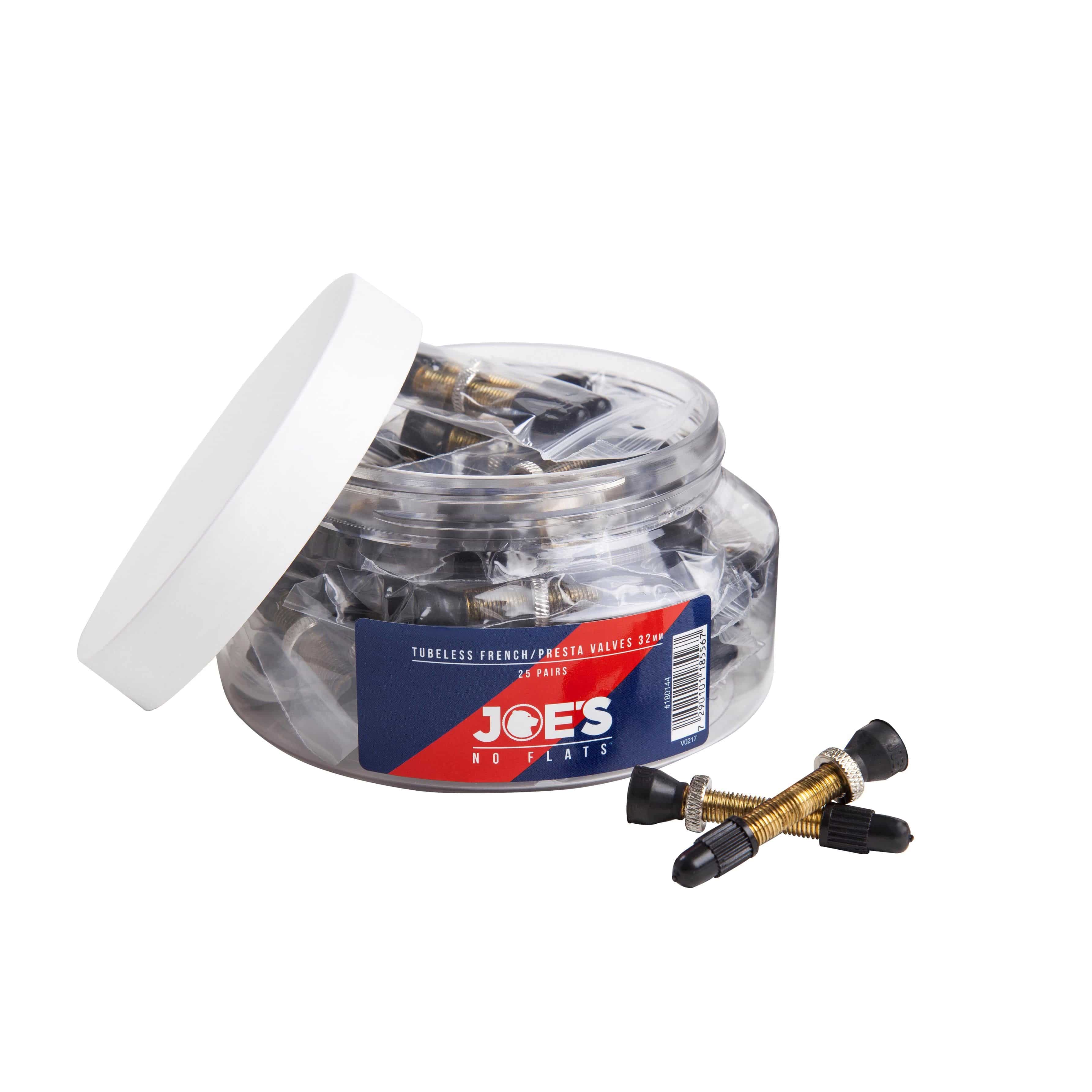 Set of 25 Joe's No Flats tubeless Presta valves for bicycle tires, durable metal components for secure valve installation.
