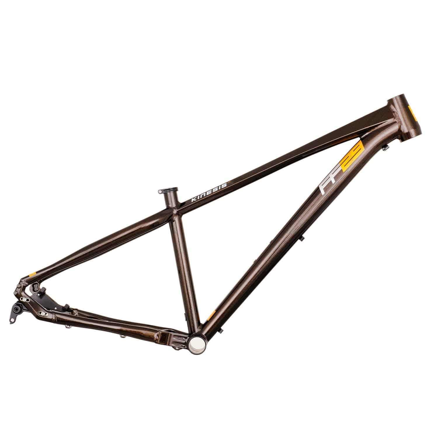 Kinesis UK FF29 MTB hardtail frame in black bronze with adjustable dropouts for trail riding, showcasing durable mountain bike components.