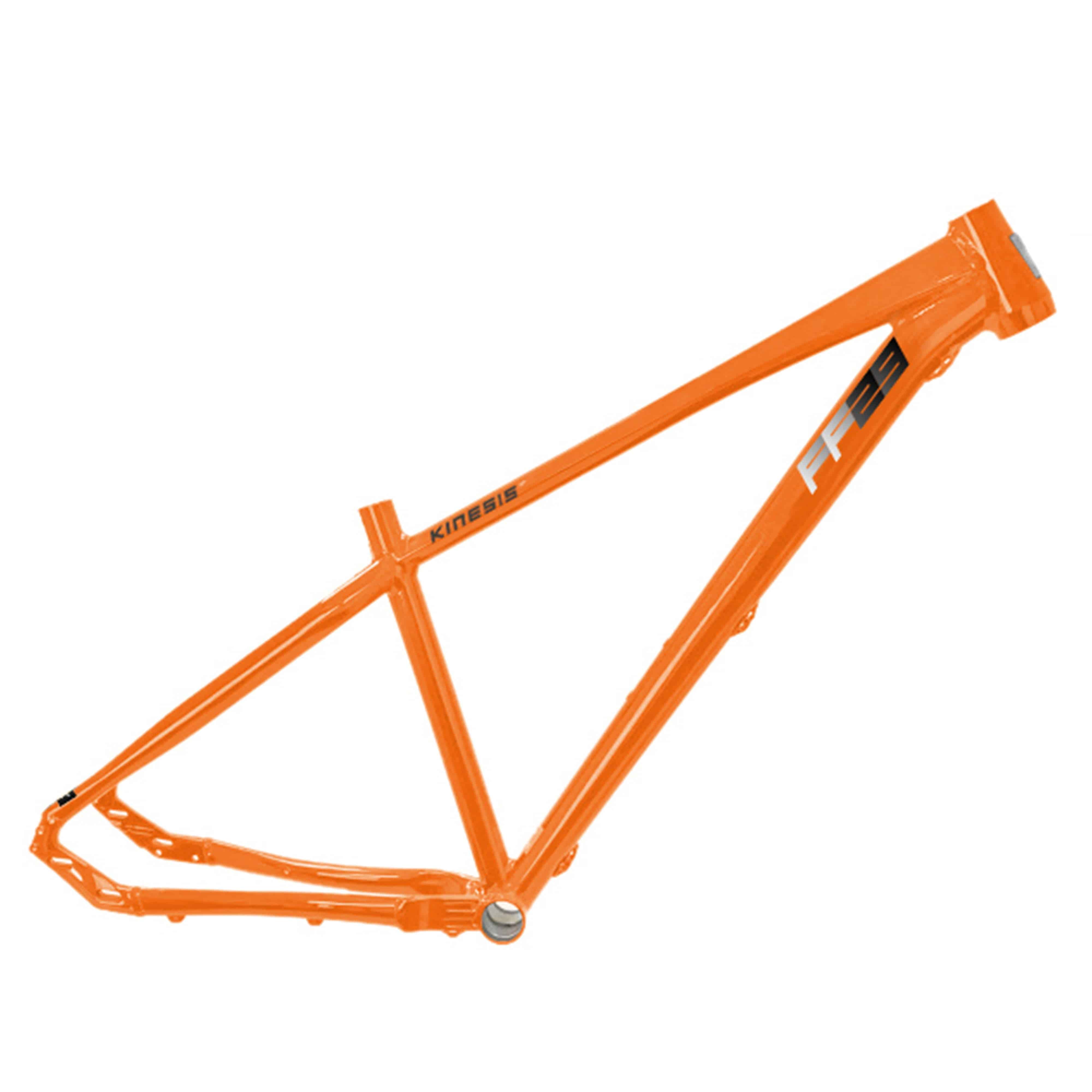 Orange Kinesis UK FF29 MTB hardtail frame with adjustable dropouts for trail riding, showing the lightweight durable bicycle component.