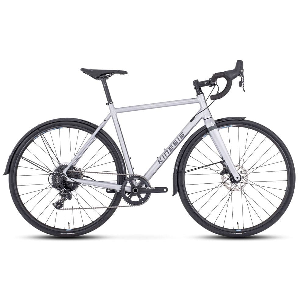 Kinesis UK 4S Apex road bike with 1x drivetrain and fitted mudguards, ideal for commuting, shown from a three-quarter angle.