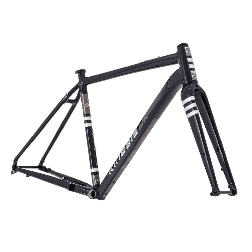 Kinesis UK Tripster AT Plus gravel and road frameset with carbon fork and cargo mounts, featuring a sleek black bike frame.