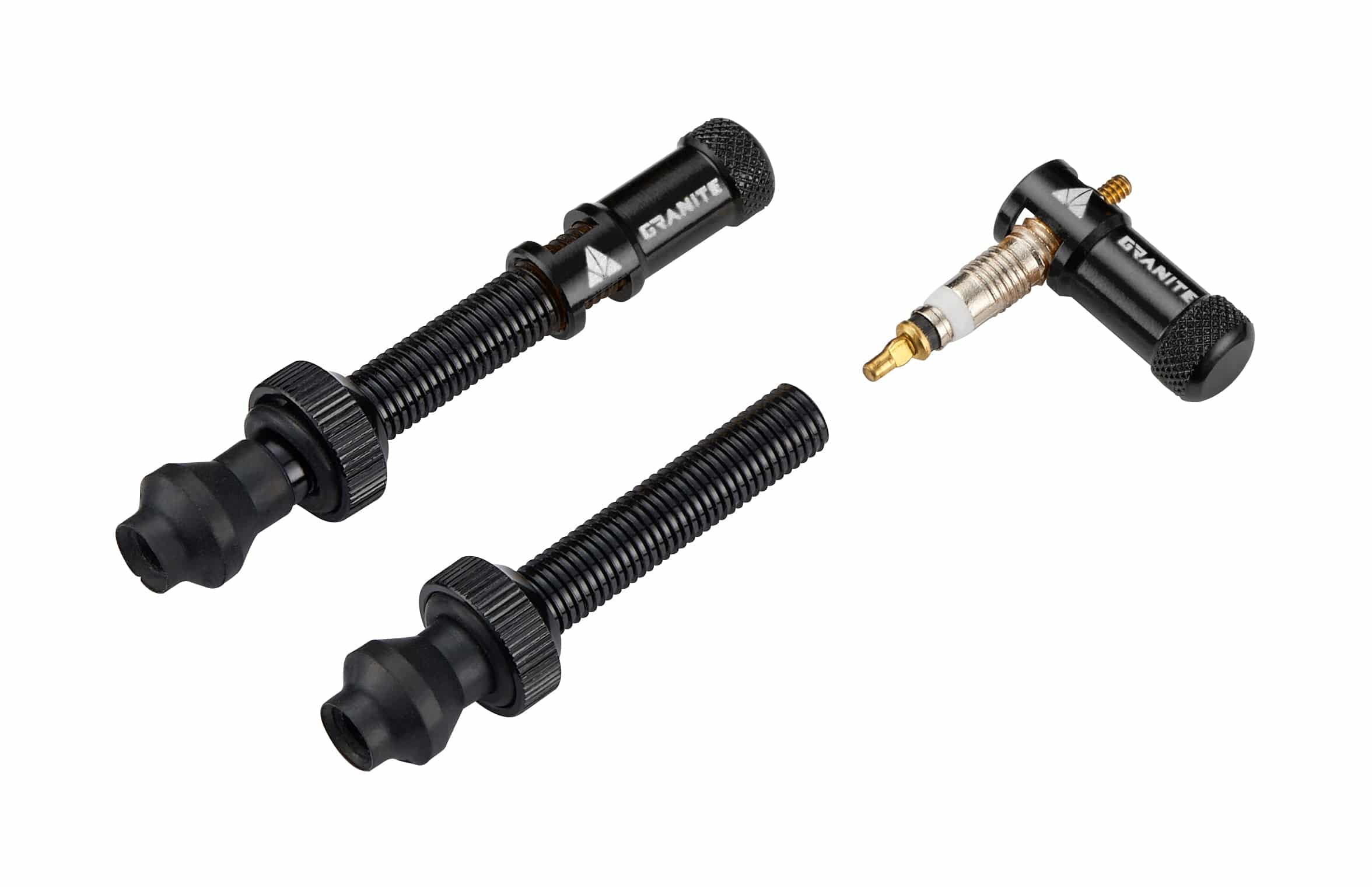 Black Granite JUICY NIPPLE valve cap kit with removal tool and optional valve stem set, designed for vehicle tire components.