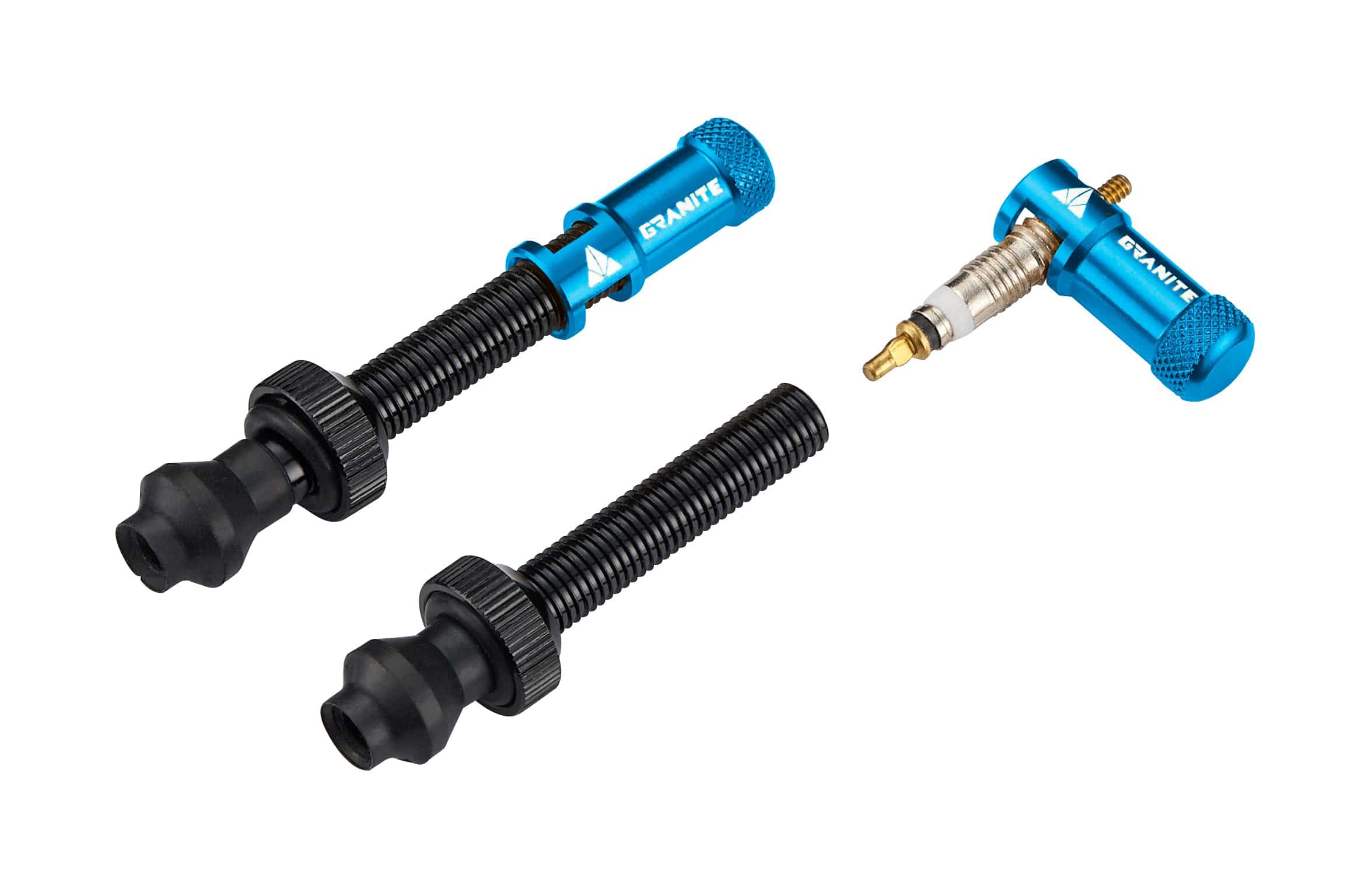 Blue Granite JUICY NIPPLE valve cap kit with removal tool and optional valve stem set, designed for automotive components.