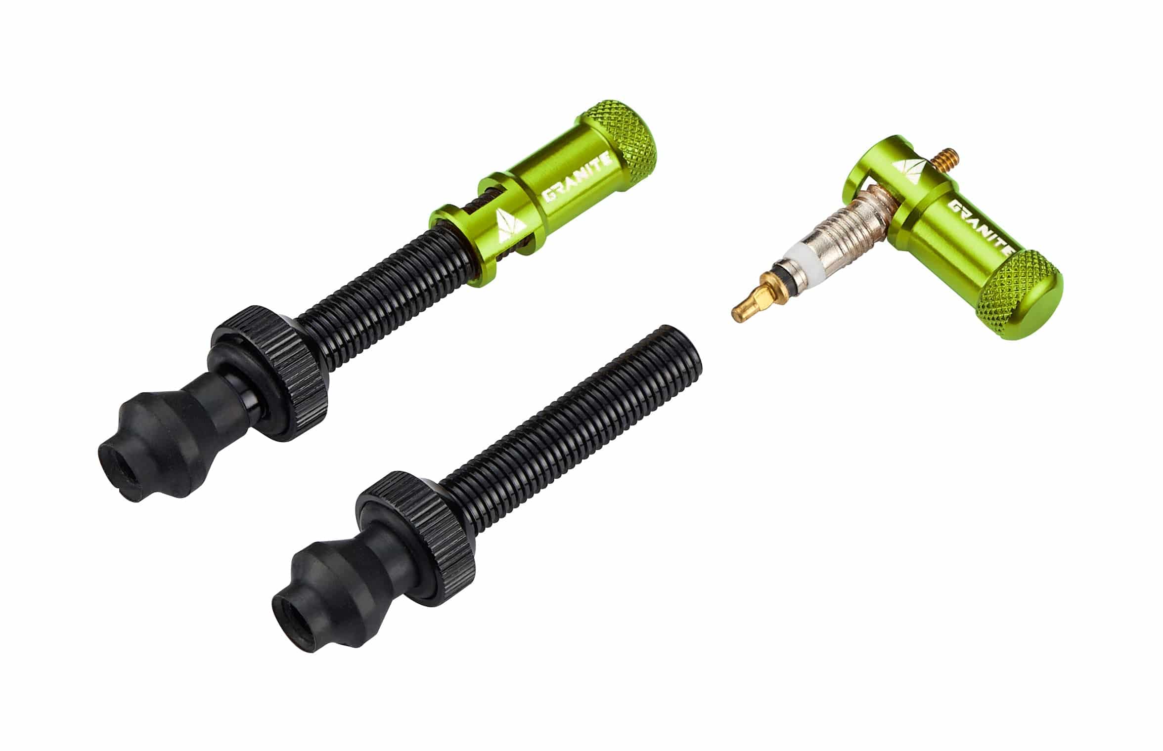 Granite JUICY NIPPLE valve cap kit with removal tool and optional valve stem set, green components for vehicle tire maintenance.
