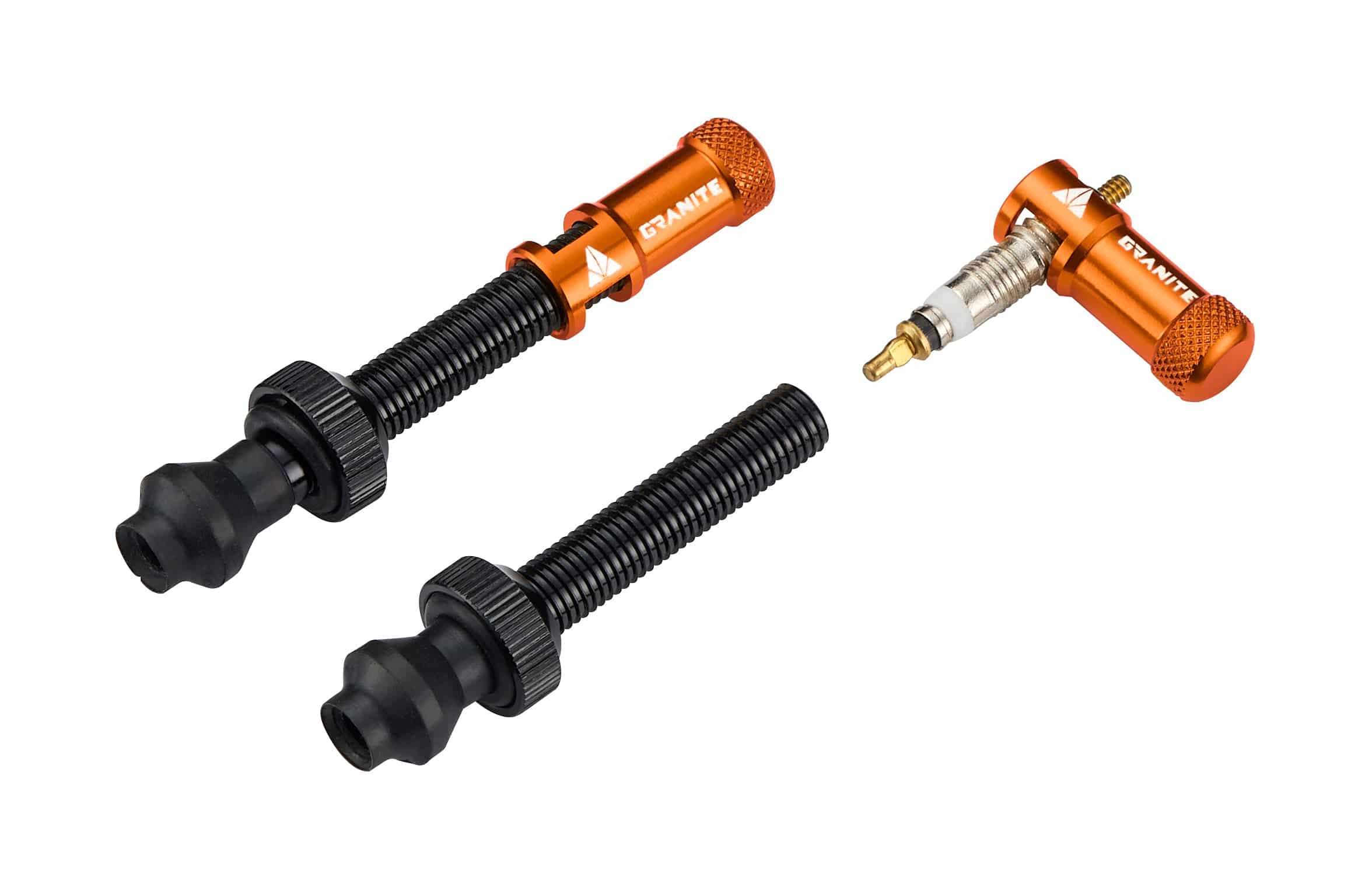 Orange Granite Juicy Nipple valve cap kit with removal tool and optional valve stem set, designed for vehicle tire components.