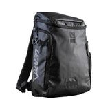 Leatt Backpack 2025 in black, 28L water-resistant travel bag with laptop compartment and USB pass-through, suitable for accessories.
