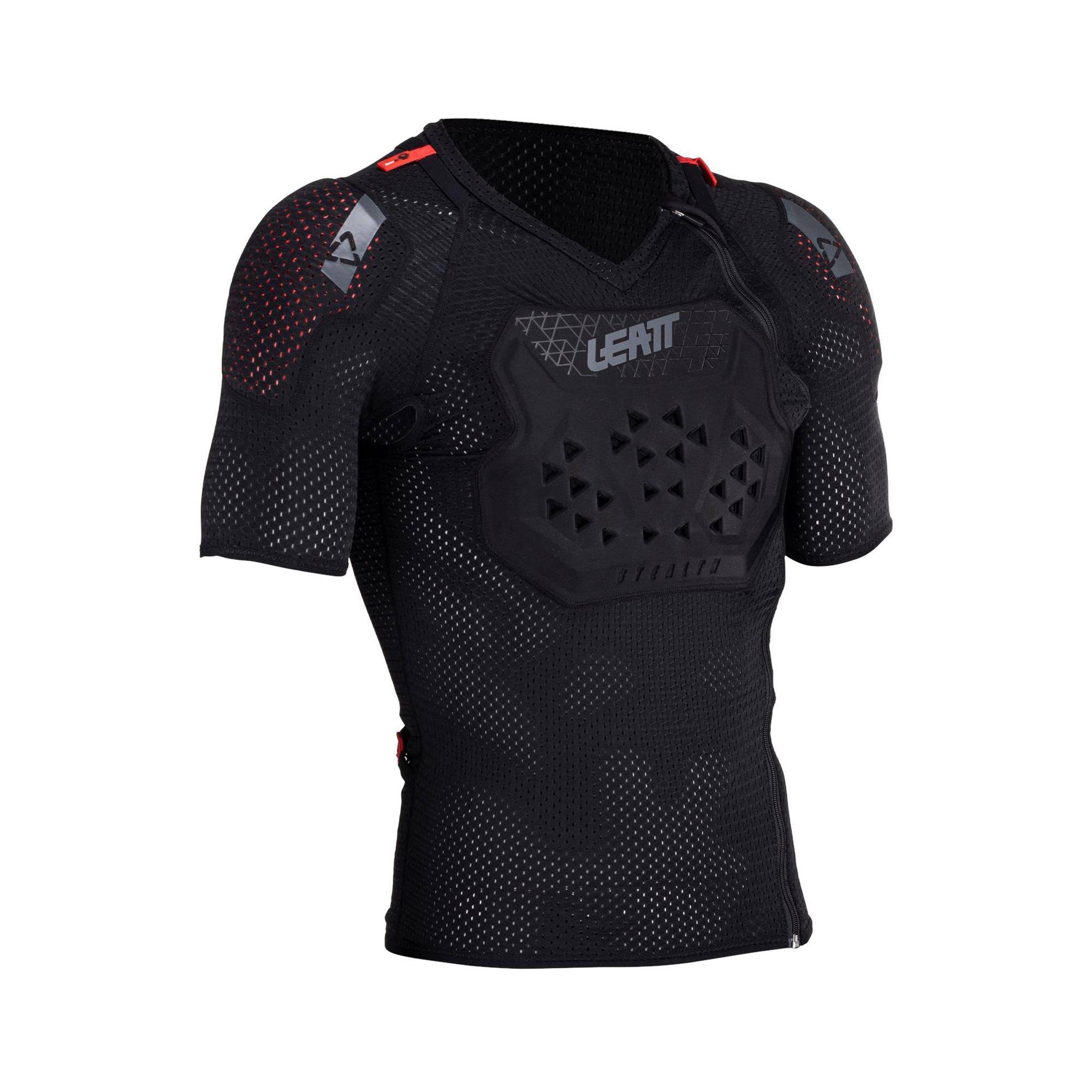Leatt Stealth ReaFlex body tee with impact protection, featuring a close-up of the protective impact zones and breathable fabric.