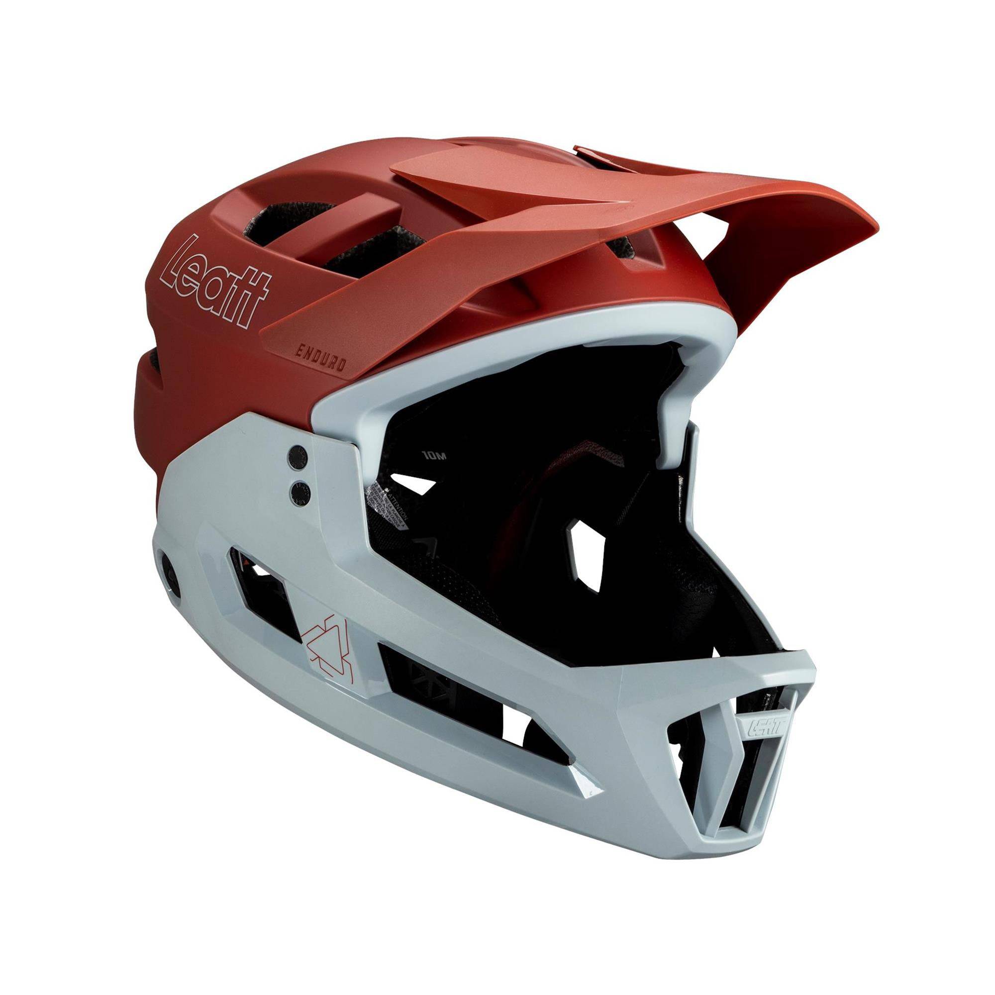 Leatt Enduro MTB 2.0 helmet with removable chin bar and 360° turbine technology, shown from a side angle.