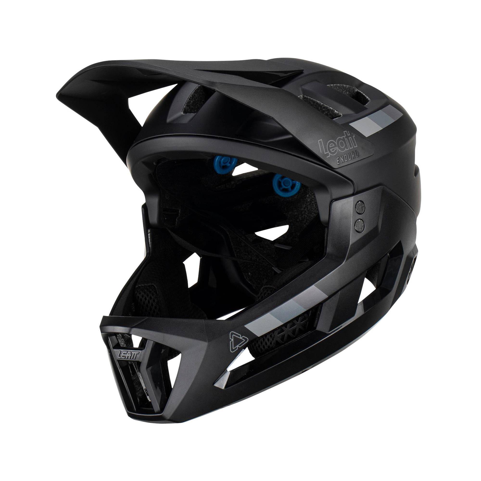 Leatt Enduro MTB 2.0 helmet with removable chin bar and 360° turbine technology, shown from the front with helmet straps visible.