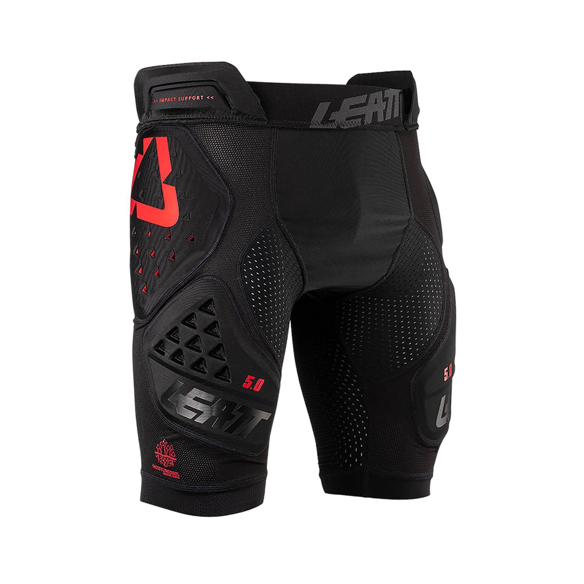 Leatt 3DF 5.0 impact shorts with hip and thigh protection for mountain biking, showing padded design and durable fabric.