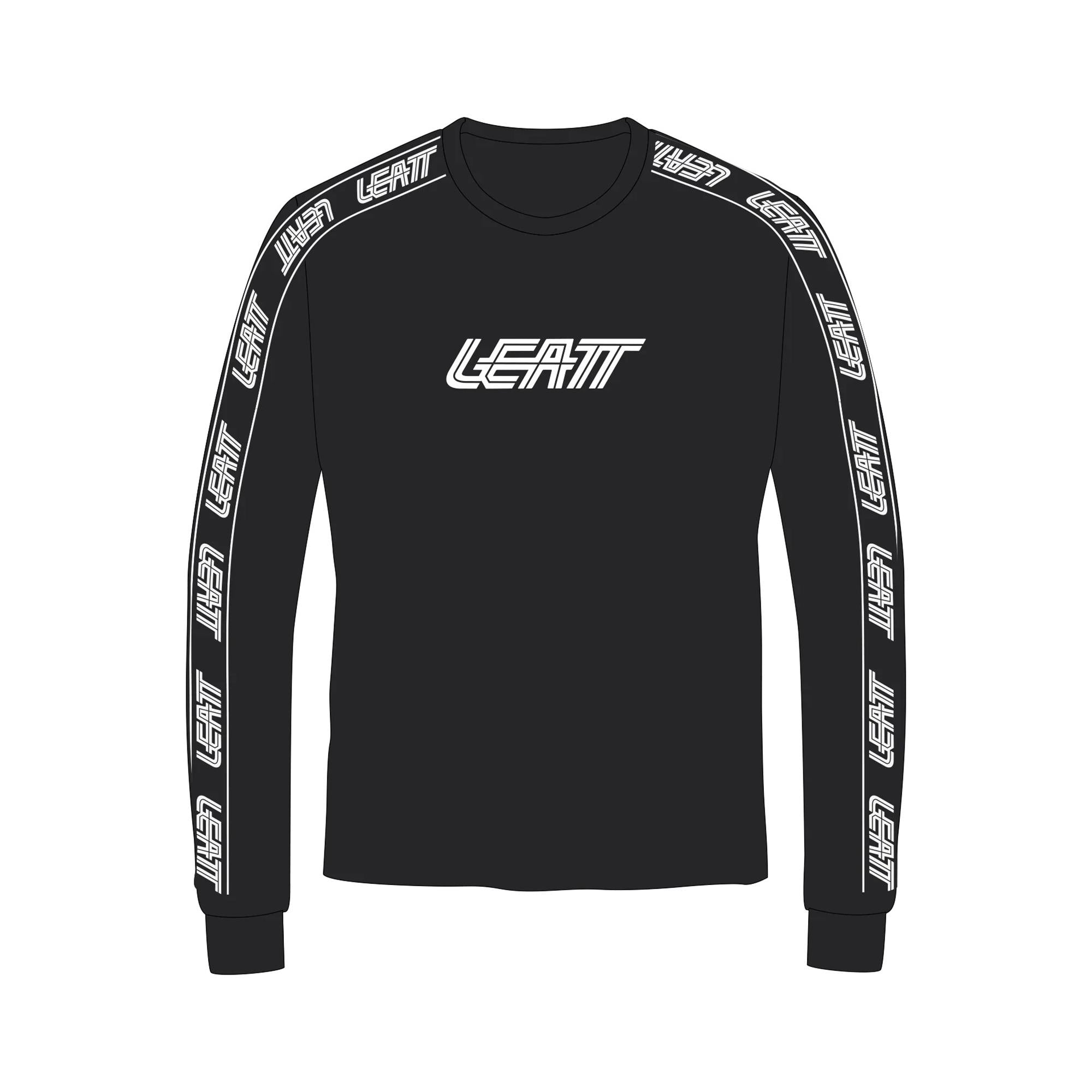Leatt long sleeve tech T-shirt for MTB, breathable stretch-blended jersey, shown in black with sleek design and fitted style.