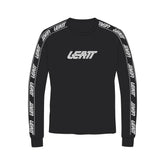 Leatt long sleeve tech T-shirt for MTB, breathable stretch-blended jersey, shown in black with sleek design and fitted style.