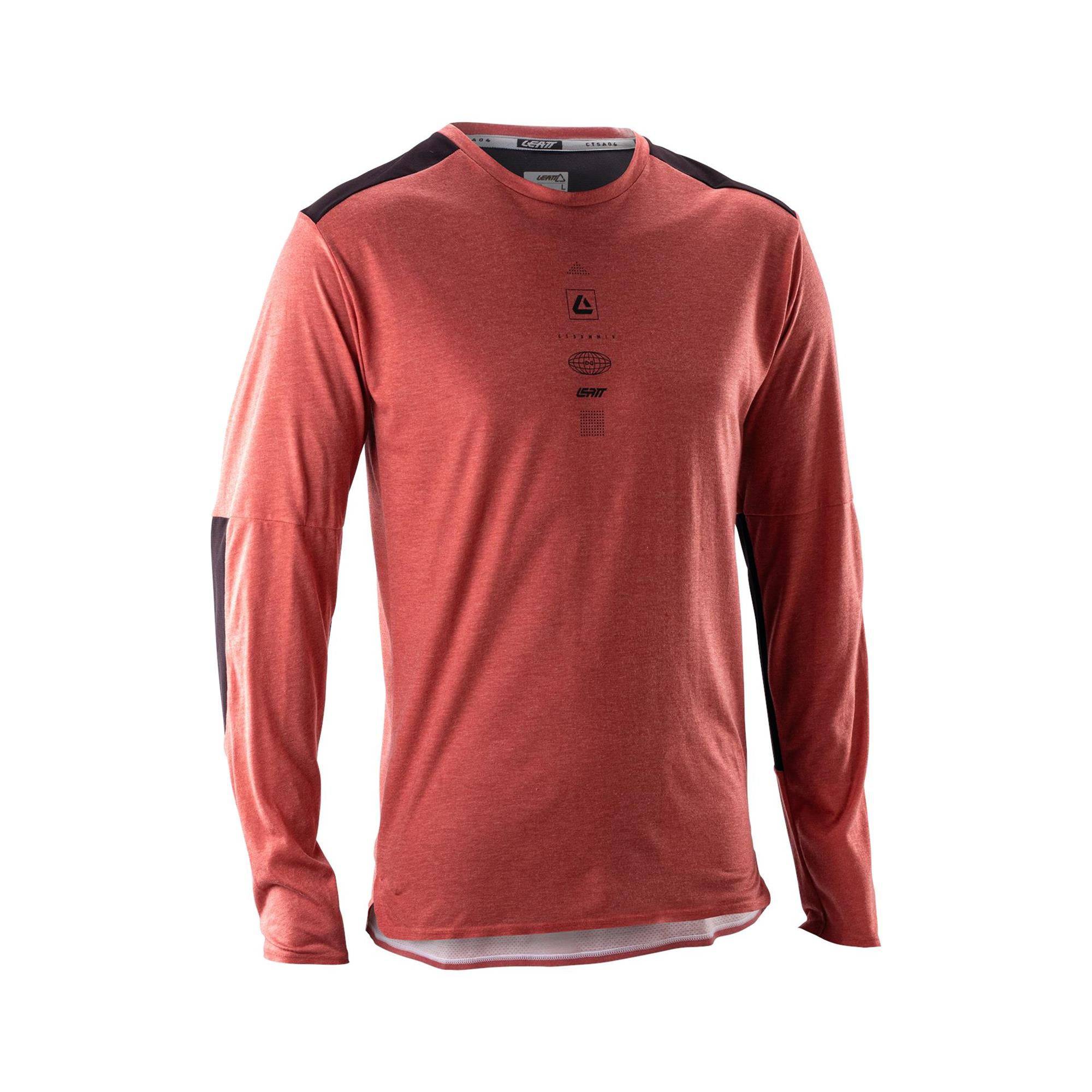 Leatt Trail 4.0 MTB long sleeve jersey showcasing breathable, durable fabric with mountain biking design and branding.