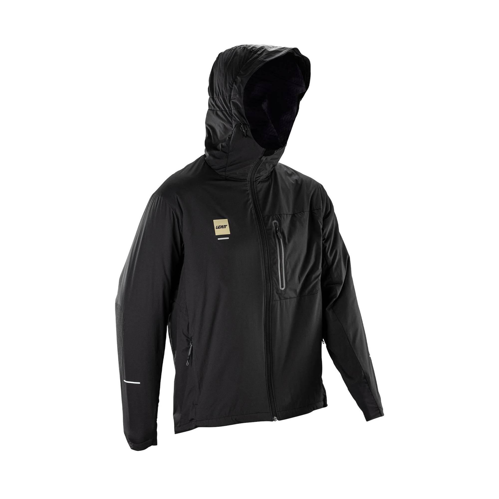 Leatt Windblock 1.0 MTB jacket, lightweight wind-resistant cycling clothing, shown in black with zip front and reflective details.