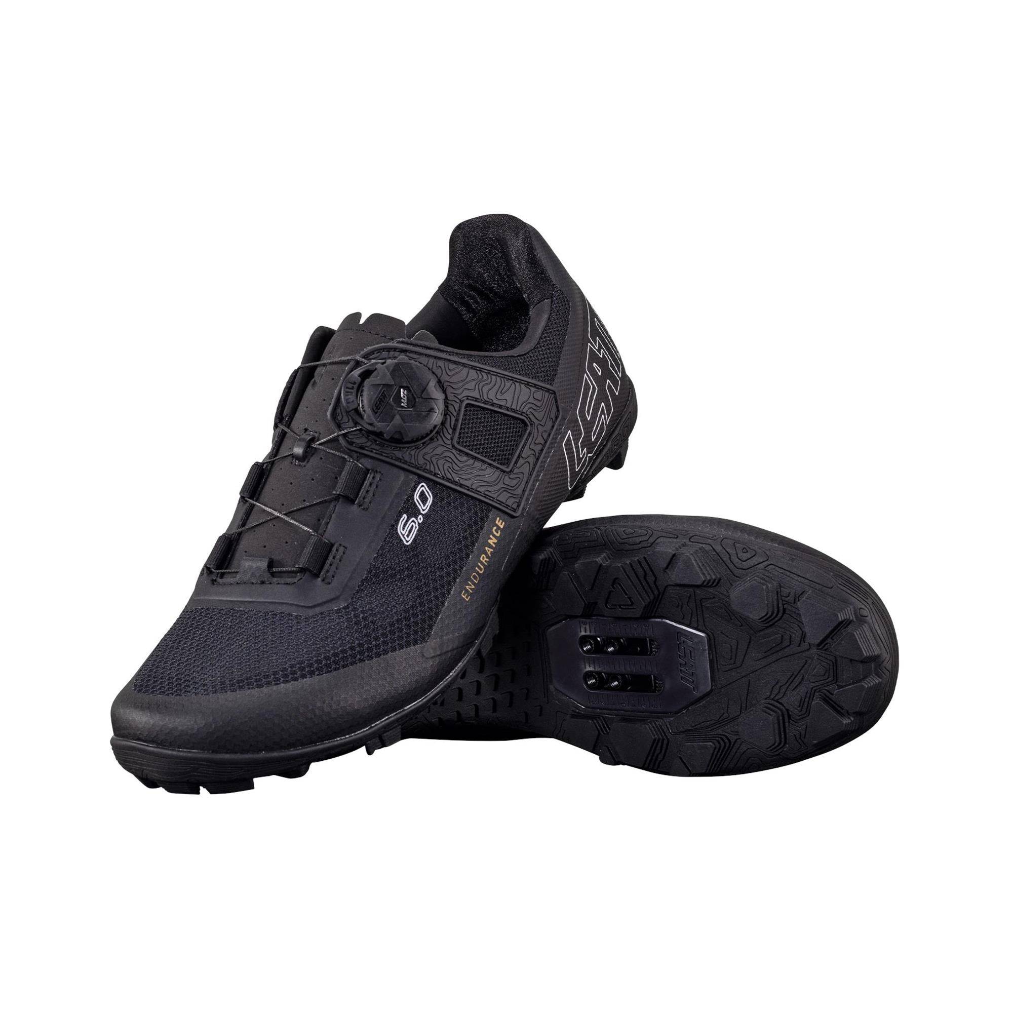 Leatt Endurance Proclip 6.0 clipless MTB shoes with ATOP lace system and RideGrip sole shown from side view.