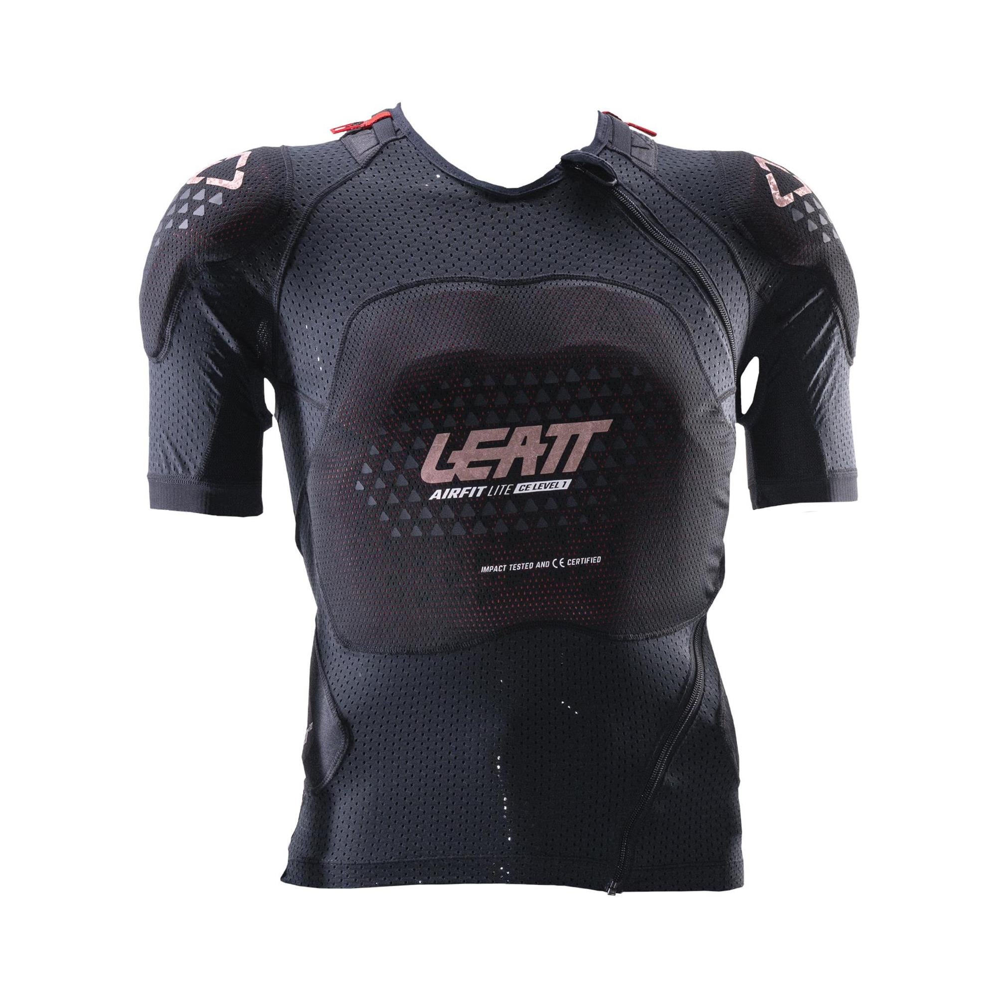 Leatt Women's 3DF AirFit Lite Evo protective body tee in black, showing lightweight CE-certified armor and breathable fabric.