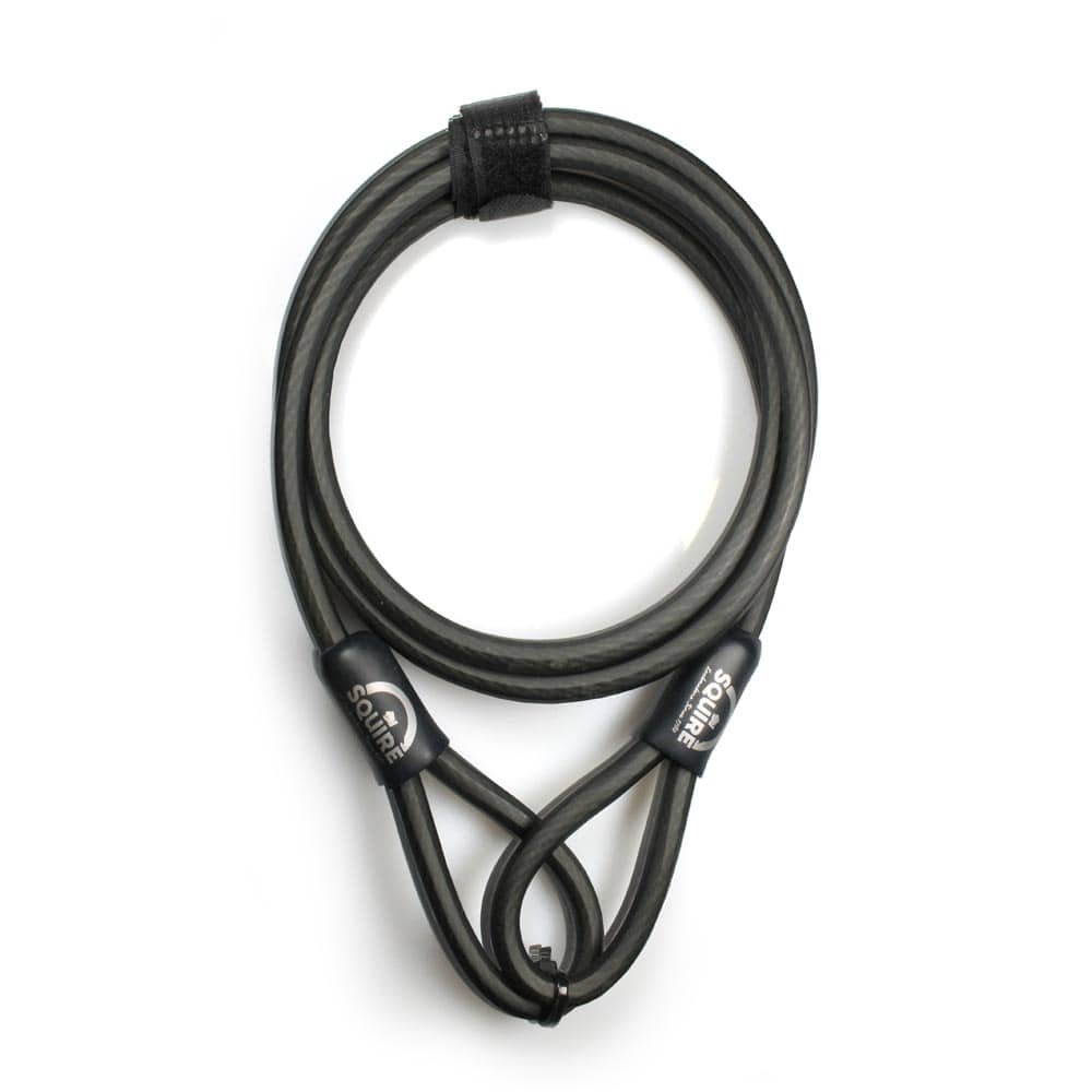 Squire 8mm security cable lock for bikes and gates, featuring durable steel construction and flexible locking cable.