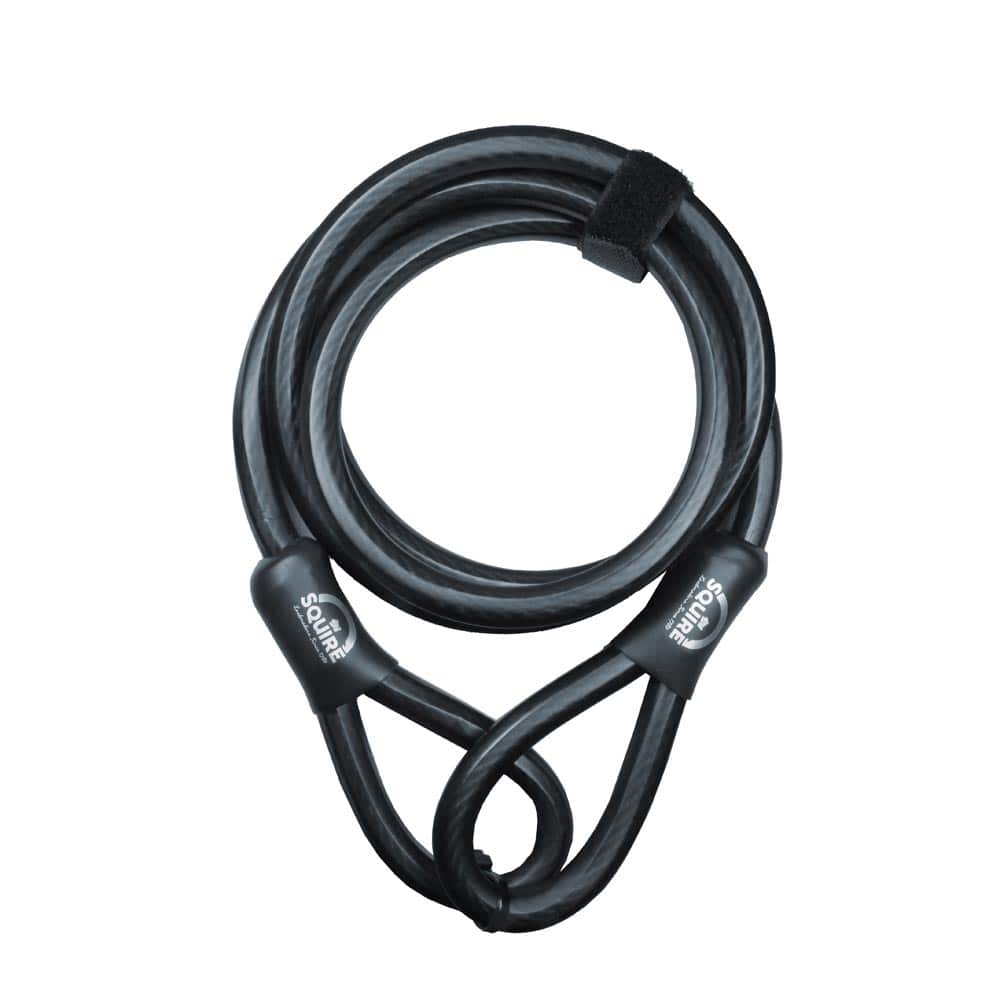 Durable Squire Security Cable Lock 12mm with anti-cut design for bikes and gates, shown coiled with key mechanism.