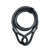 Squire 12mm security cable lock with durable anti-cut design, ideal for bikes and gates, shown coiled with protective casing.