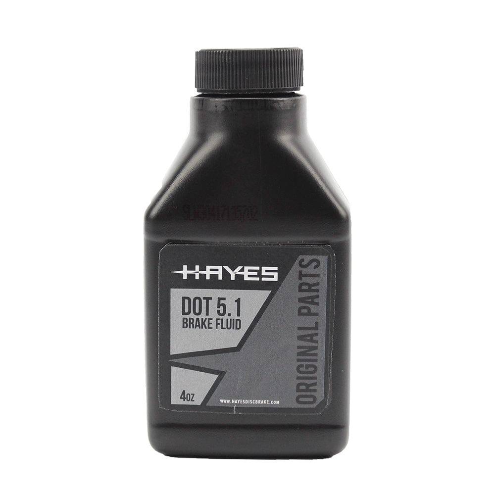 Hayes DOT 5.1 high-performance brake fluid bottle for disc brake systems, with clear label and cap on a white background.