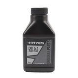 Hayes DOT 5.1 high-performance brake fluid bottle for disc brake systems, with clear label and cap on a white background.