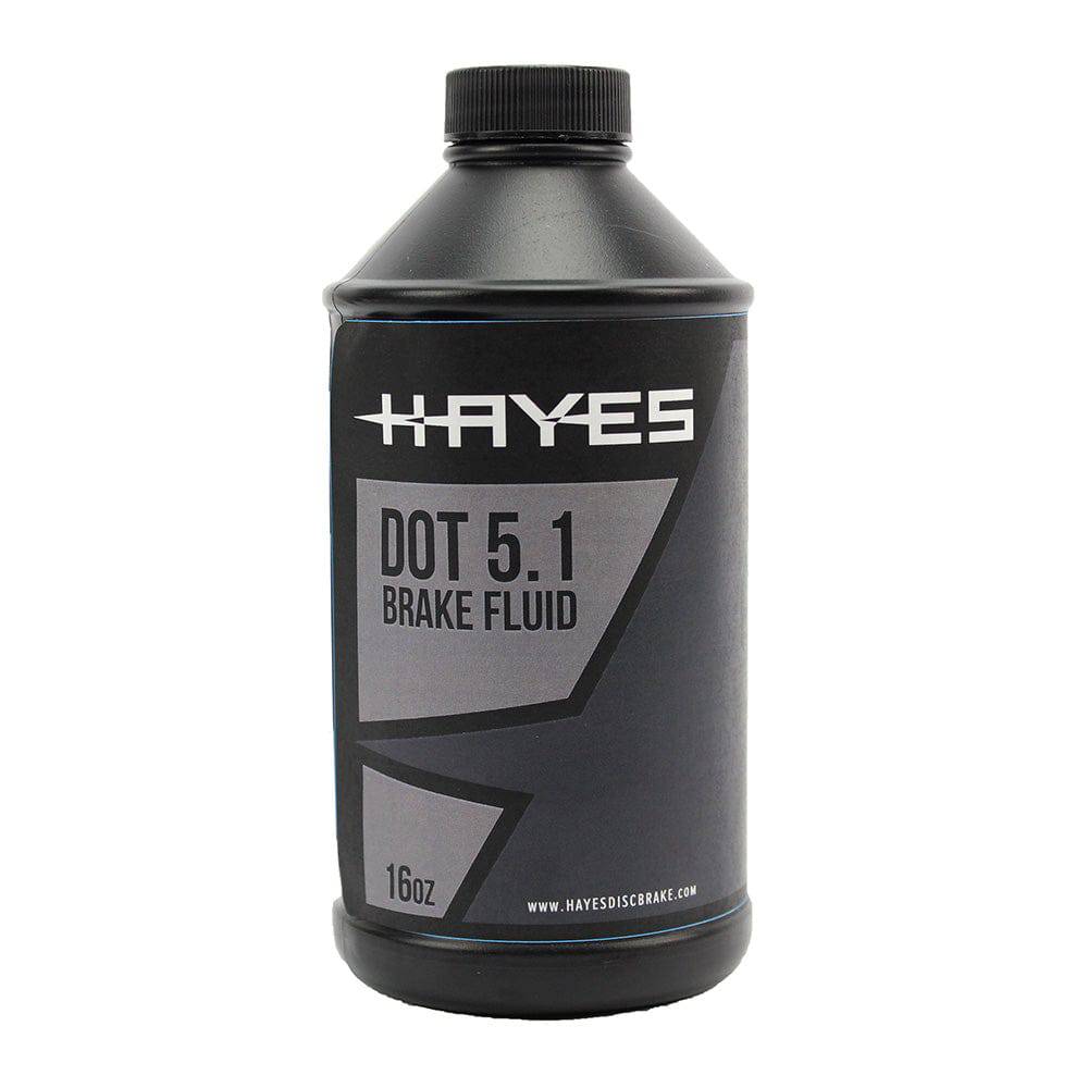 Hayes DOT 5.1 high-performance brake fluid for disc brake systems, shown in a clear container with labeling.