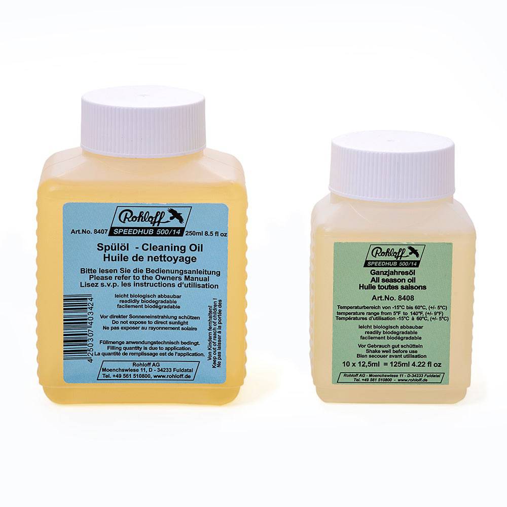 Rohloff workshop transmission lube bottle for smooth gear shifts and protection, with label and applicator cap visible.