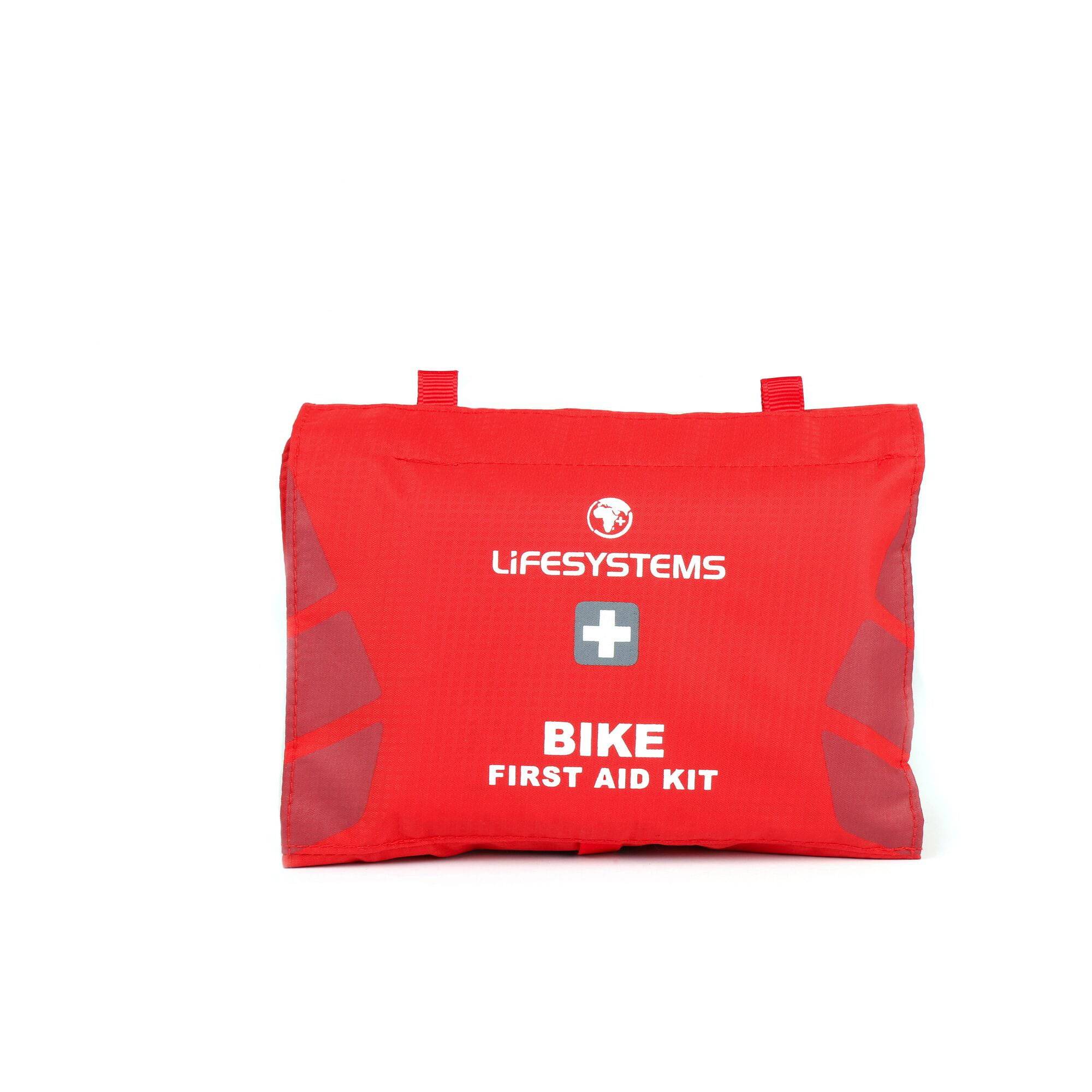Lifesystems bike first aid kit with water-resistant case and organized medical supplies for cycling emergencies.