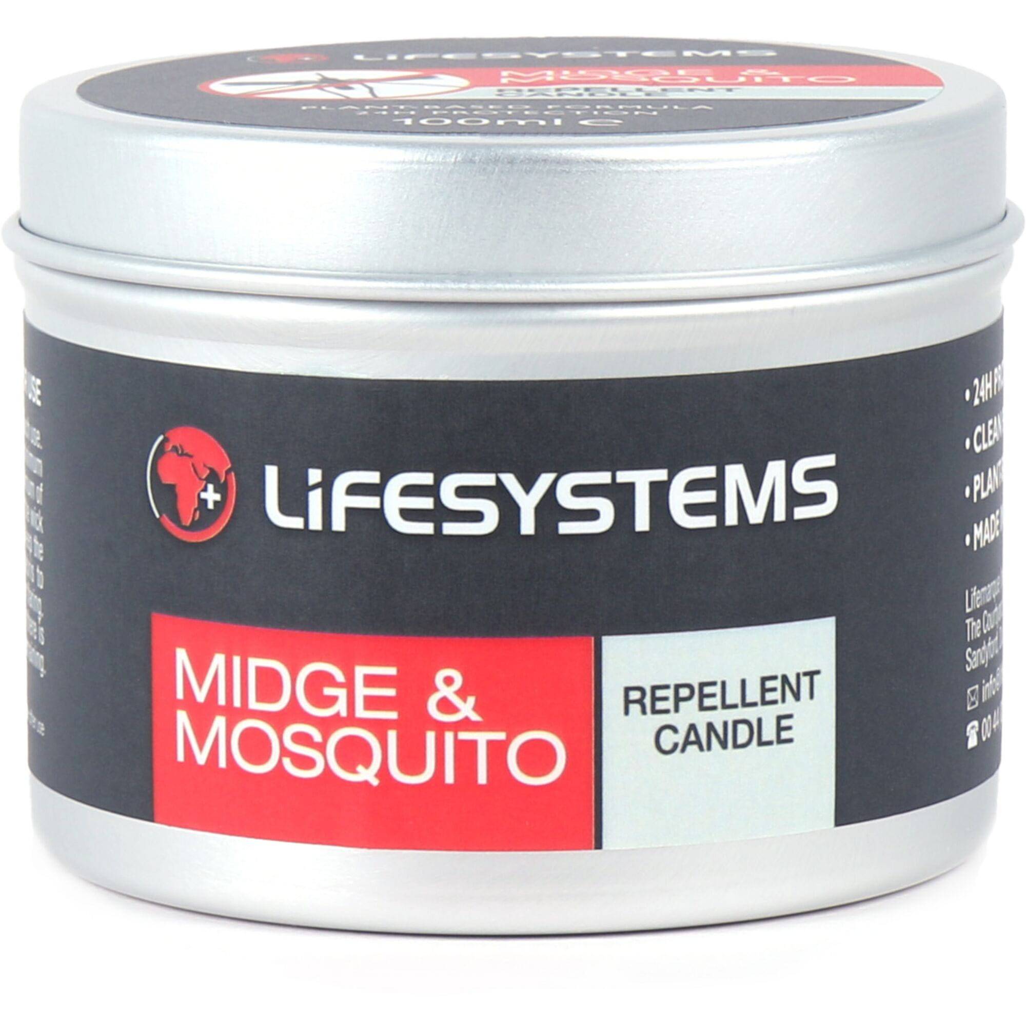 Lifesystems mosquito and midge repellent candle in a natural outdoor setting, providing plant-based insect protection.