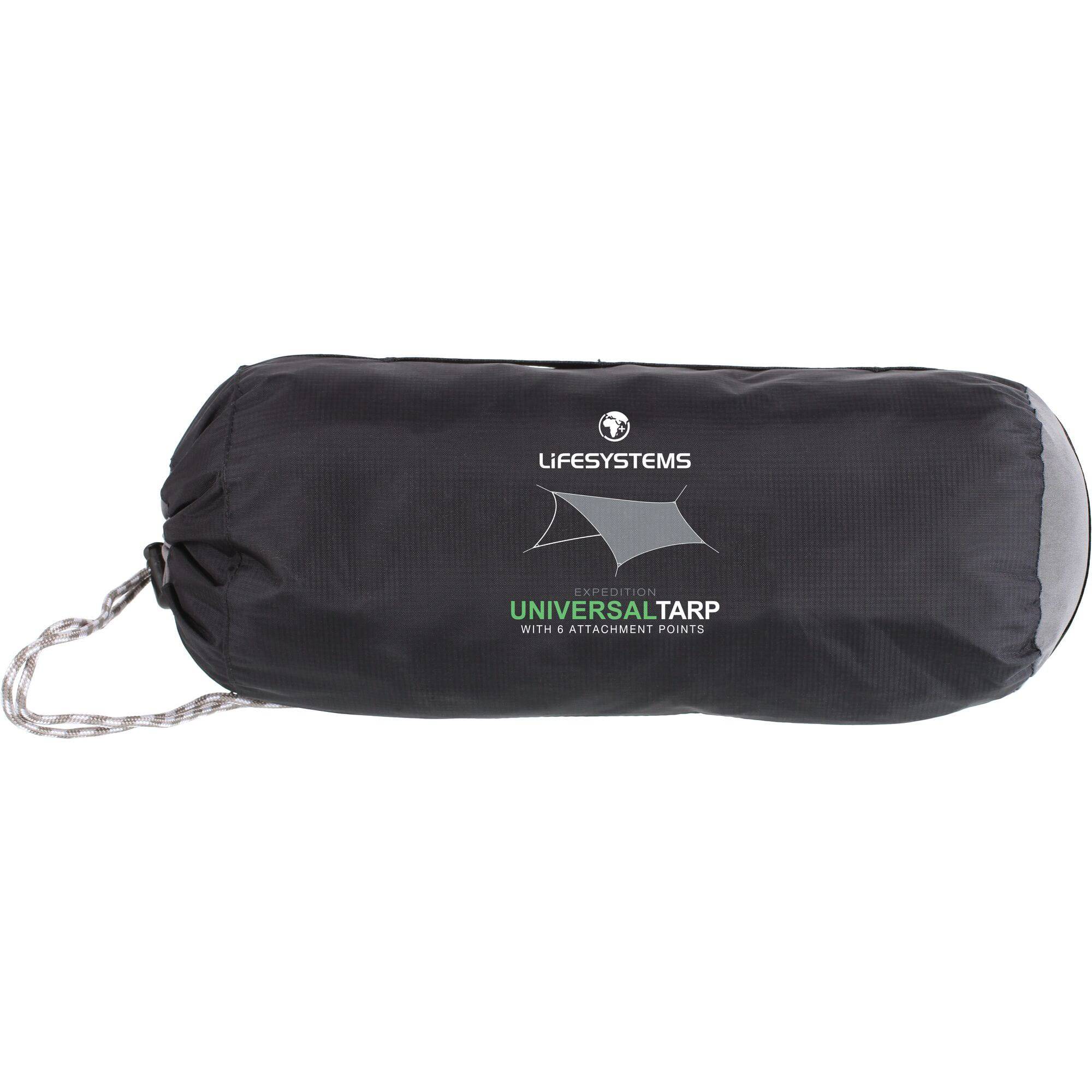 Lifesystems Expedition Tarp waterproof shelter with reflective cords and pegs, designed for outdoor camping and survival use.