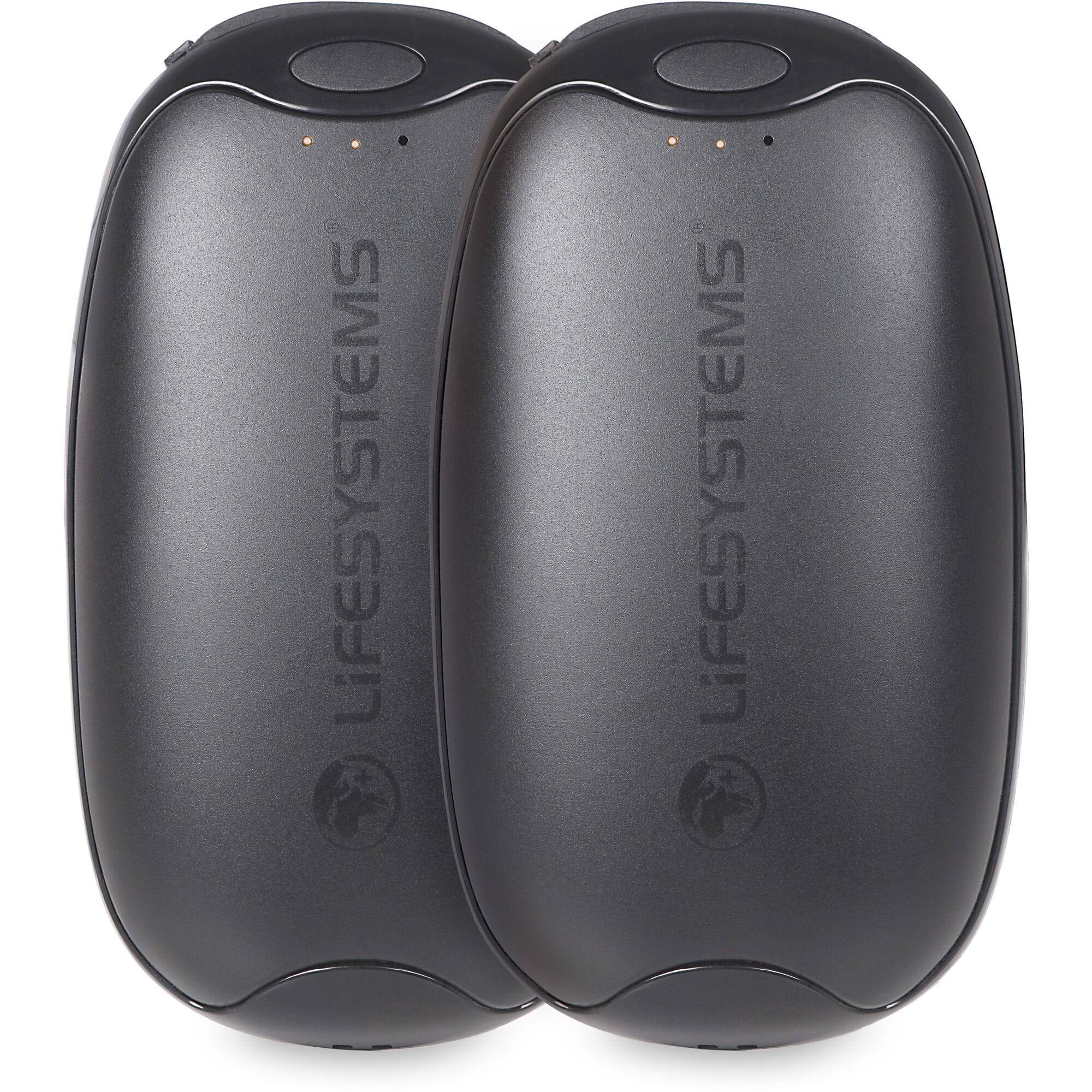 Lifesystems rechargeable dual palm handwarmer with adjustable heat settings and built-in power bank, designed for outdoor use.