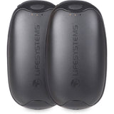Lifesystems rechargeable dual palm handwarmer with adjustable heat settings and built-in power bank, designed for outdoor use.