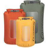 Lifeventure Stormlight window dry bags in earth tones, waterproof gear bags, 3-pack with 5L, 10L, and 25L sizes, shown in the image.