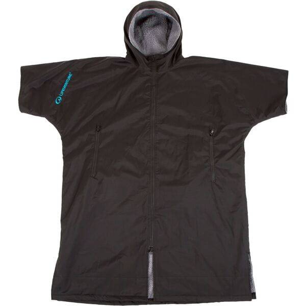 Lifeventure X-Large fleece-lined changing robe showing waterproof, windproof outdoor gear with a cozy fleece interior and adjustable straps.