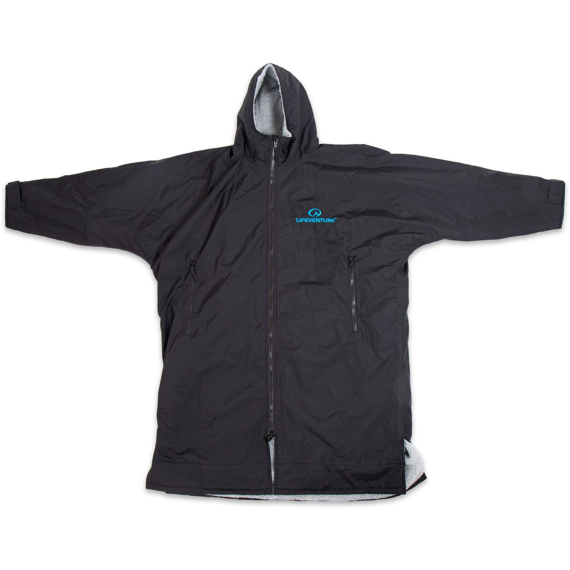 Lifeventure Thermarobe small-medium waterproof fleece-lined long sleeve robe, cozy outdoor accessory, black fabric, front pockets, adjustable waist