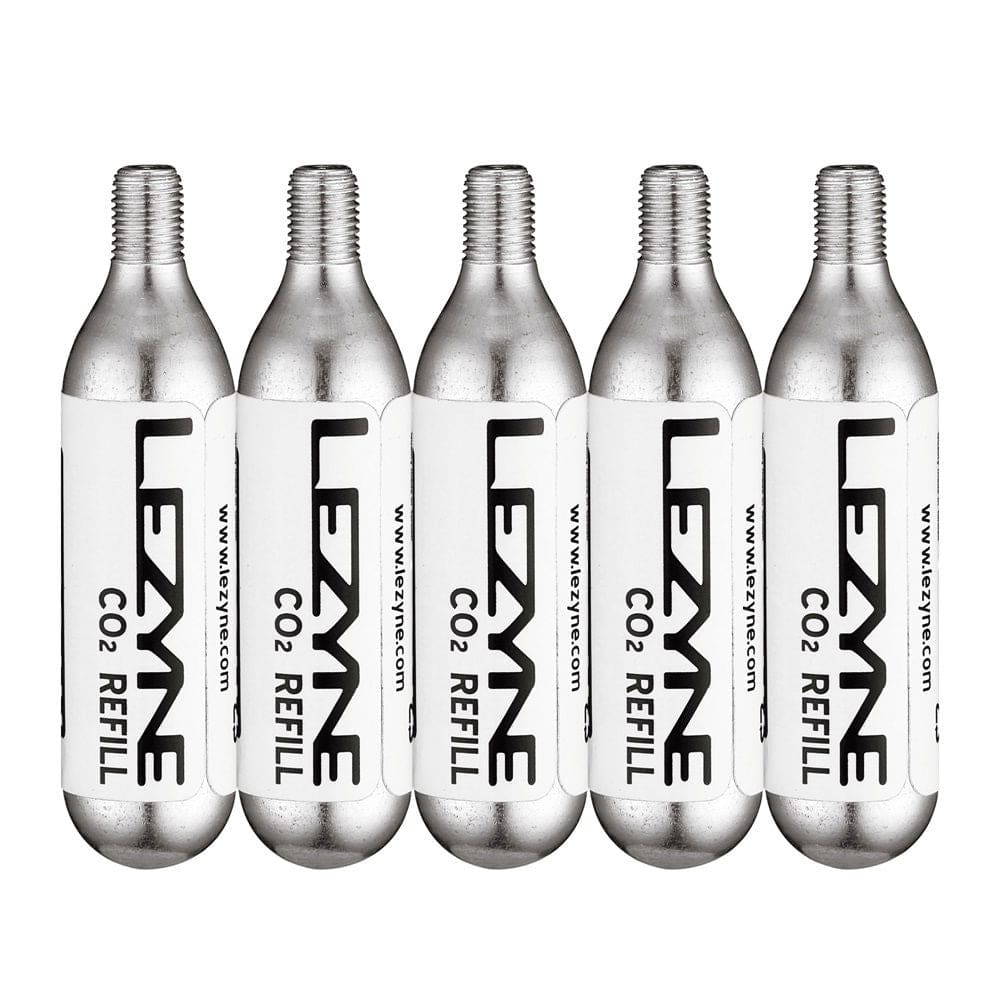 Lezyne 16G threaded CO2 cartridges for bike tire inflation, shown in a pack of five, designed for quick and secure inflation.