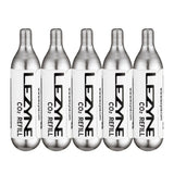 Lezyne 16G threaded CO2 cartridges for bike tire inflation, shown in a pack of five, designed for quick and secure inflation.