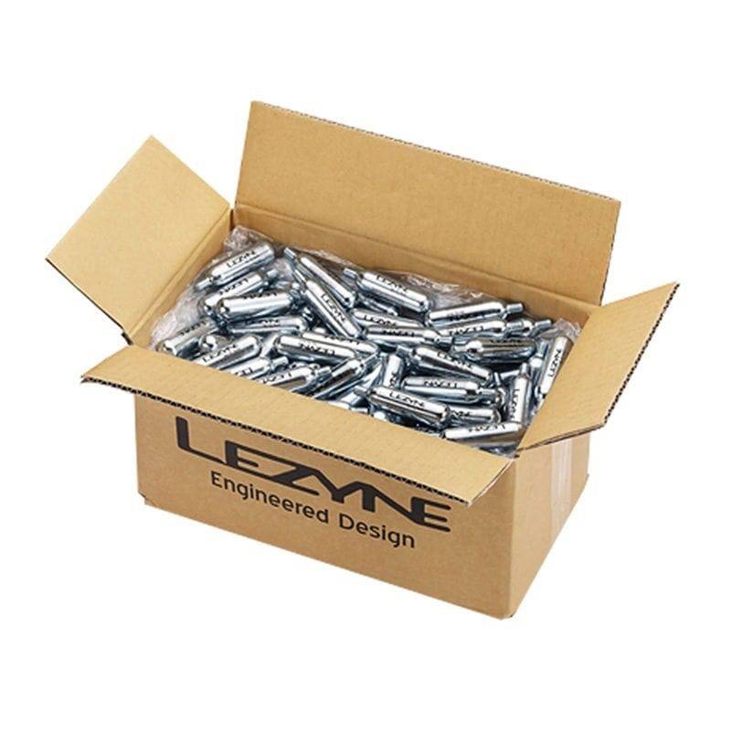 Lezyne 20g threaded CO2 cartridge for rapid bicycle tire inflation, shown in a box of 30 compact accessories.