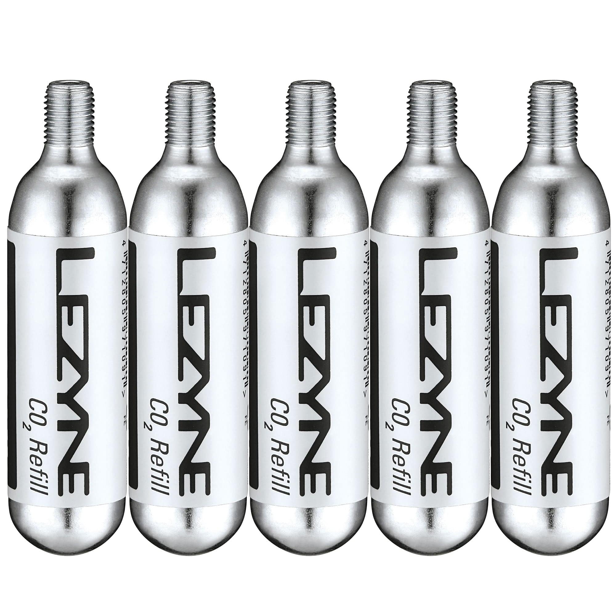 Lezyne 20g threaded CO2 cartridge pack of 5 for rapid tire inflation, compact and reliable cycling accessories.