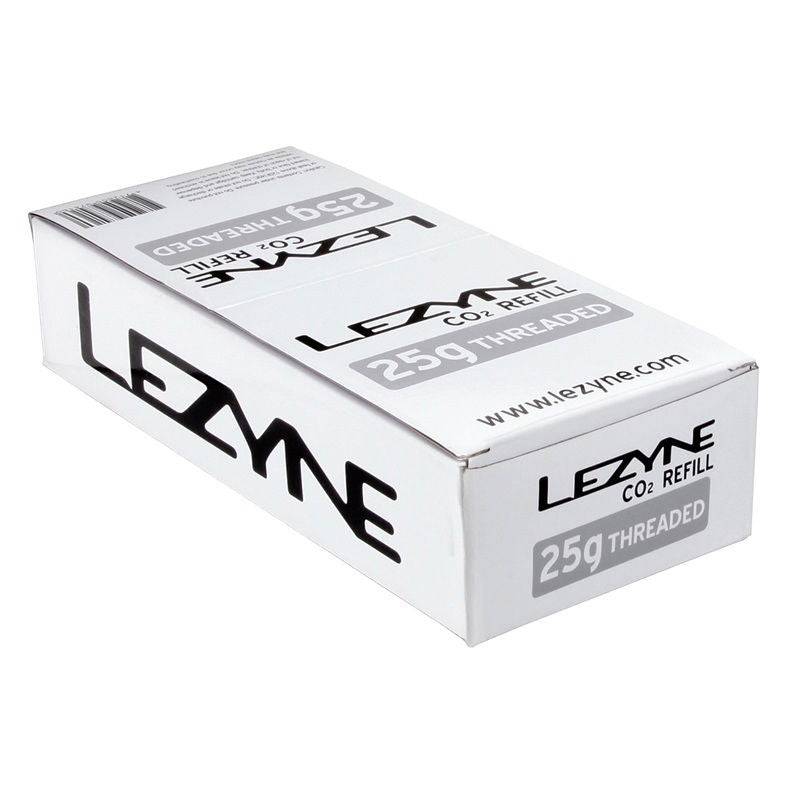 Lezyne threaded 25g CO2 cartridge for fast bike tire inflation, shown in a box of 30 accessories for reliable inflation.