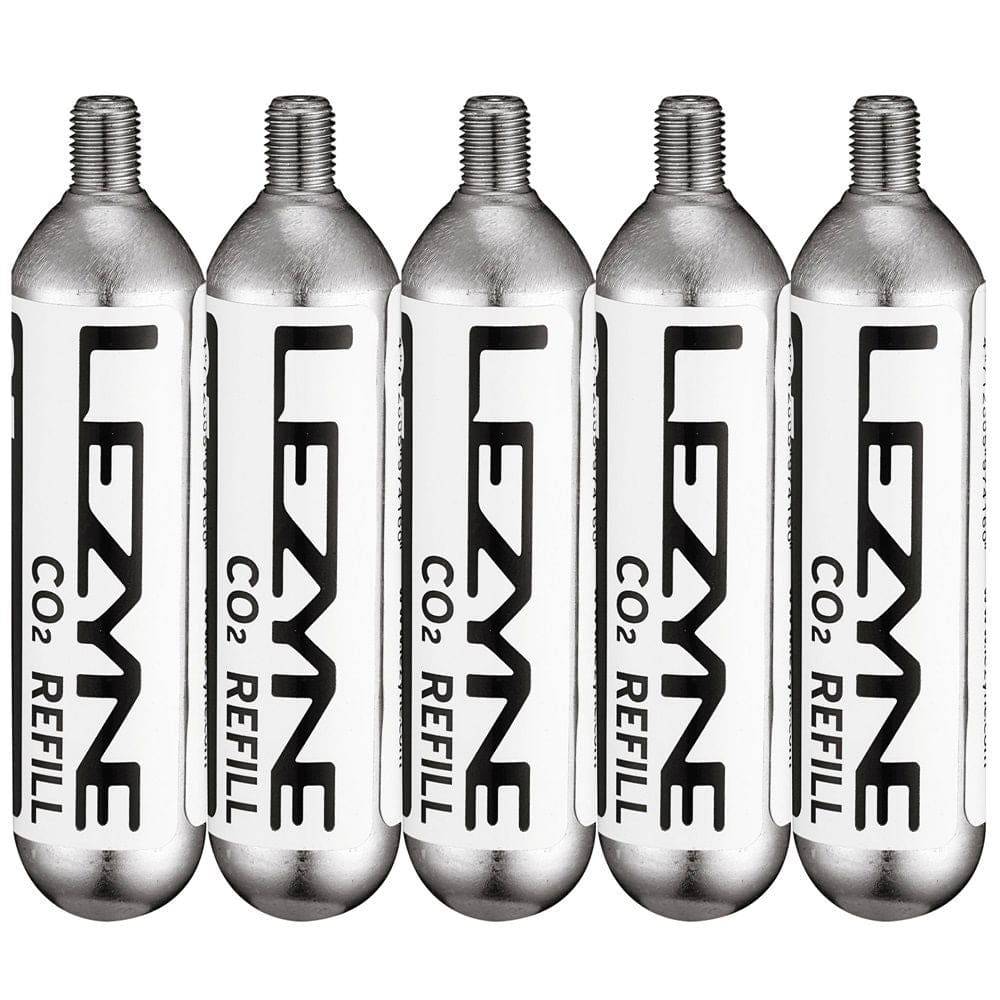 Lezyne 25G threaded CO2 cartridge pack of 5 for fast, reliable bicycle tire inflation accessories.