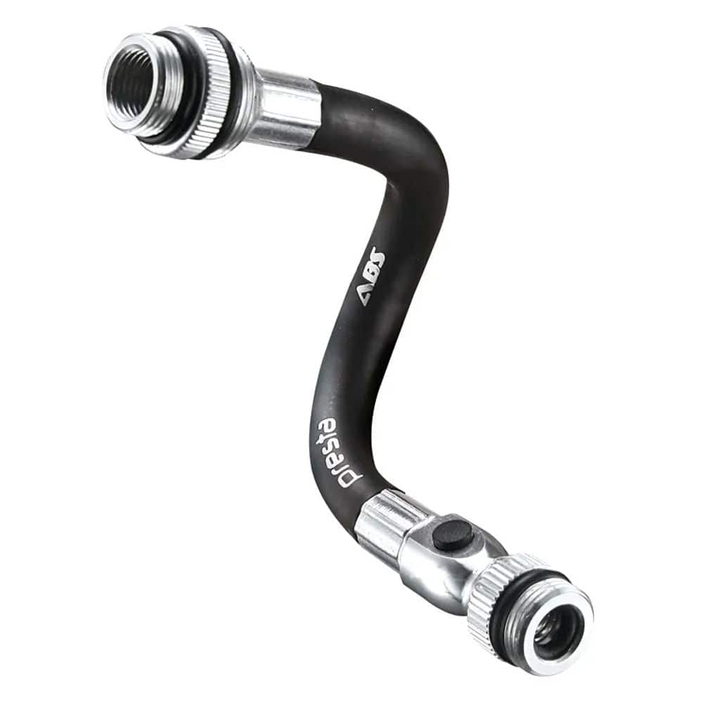 Lezyne ABS hose for Presta and Schrader valves, compatible with Lezyne pumps, shown connected to bicycle valve.