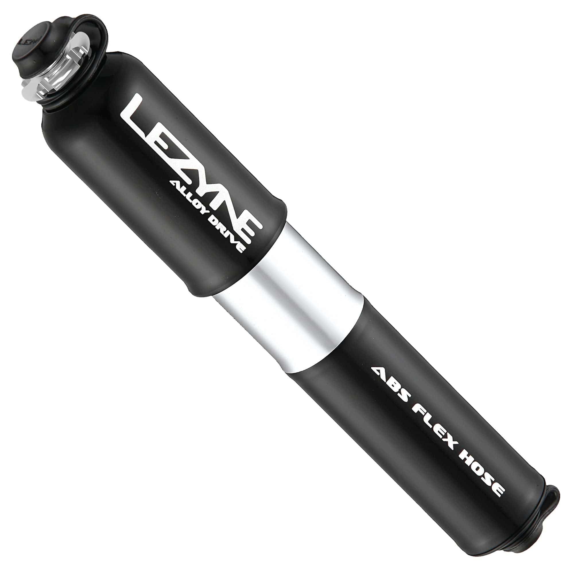 Lezyne Alloy Drive hand pump with ABS flex hose and frame mount, compact bike accessories for inflating tires.
