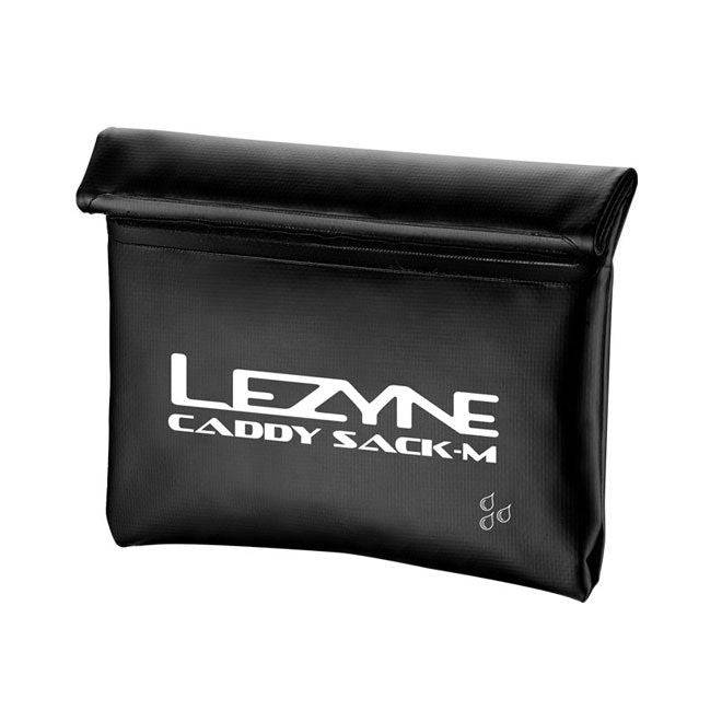 Lezyne Caddy Sack bike seat pack for compact cycling essentials storage, shown attached to a bike seat.