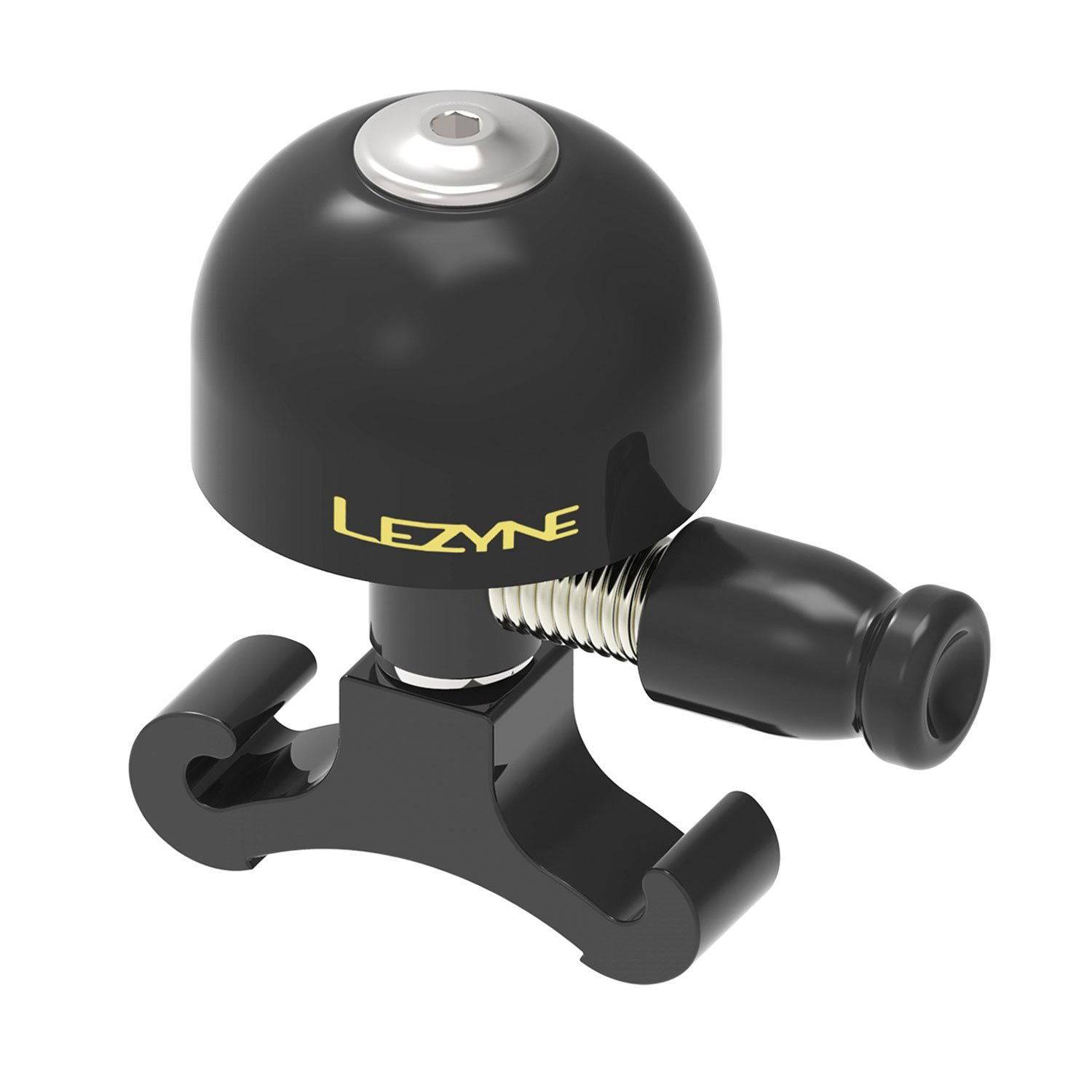 Lezyne Classic Brass Bike Bell in black with easy handlebar mount and clear sound, designed as a durable cycling accessory.
