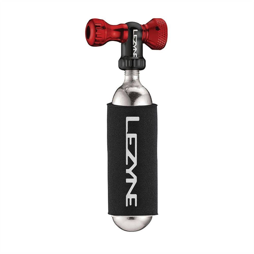 Red Lezyne Control Drive CO2 inflation accessory for quick, precise bicycle tire inflation with compact, lightweight design.