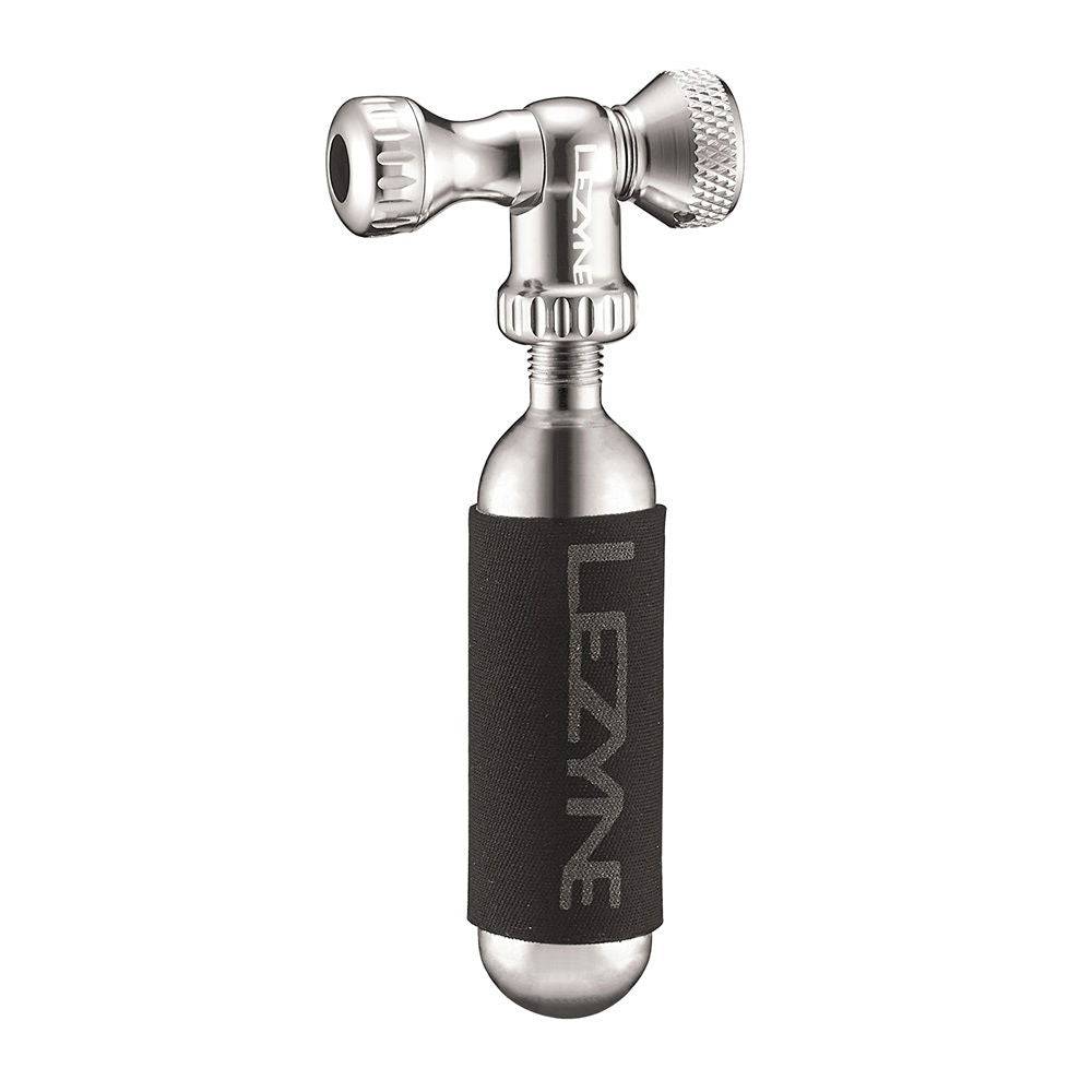 Lezyne Control Drive CO2 inflation accessory in silver for quick, precise bicycle tire inflation, featuring a compact design.