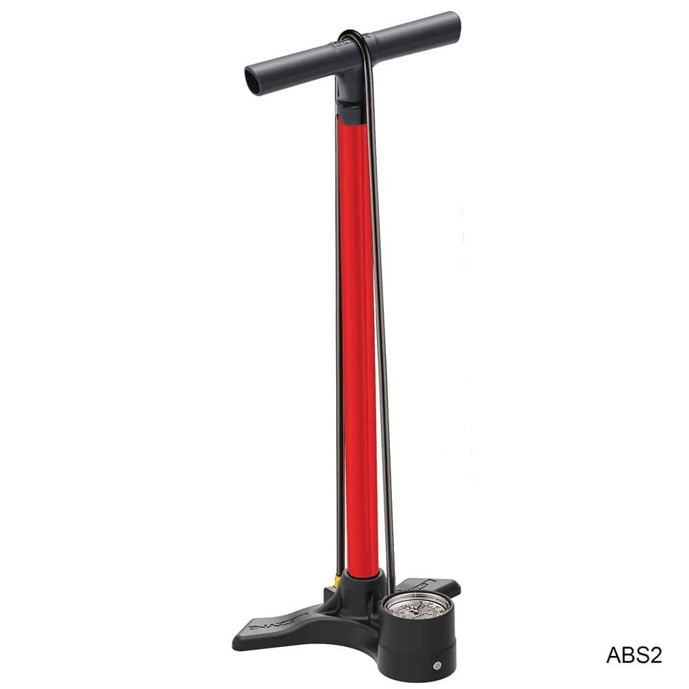 Red Lezyne Macro Floor Drive bike pump with dual valve, 220psi analog gauge, and sturdy metal construction for cycling accessories.