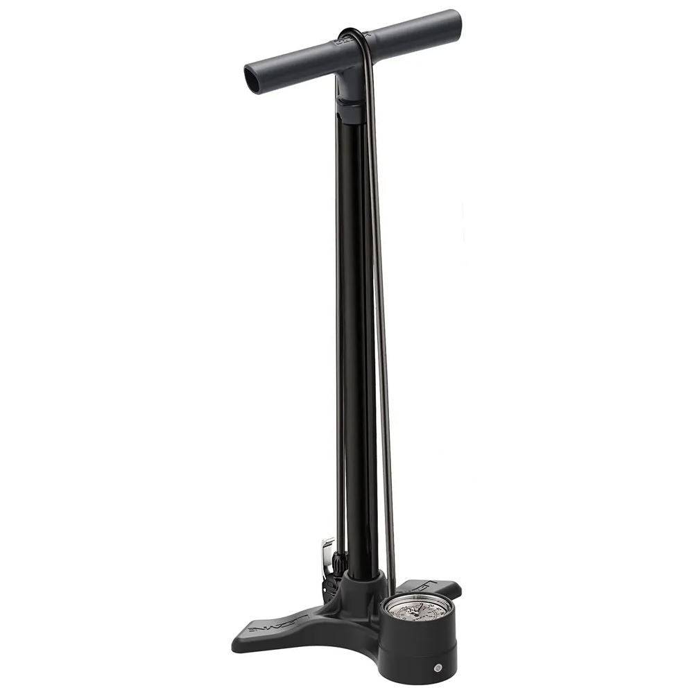 Lezyne Macro Floor Drive bike pump in flat black with dual valve and 220psi analog gauge for inflating bicycle tires.